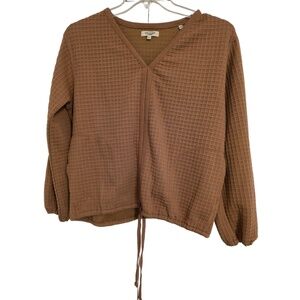Max Studio Brown Long Sleeve V Neck Waffle Knit Drawstring Hem Casual Top‎ Small